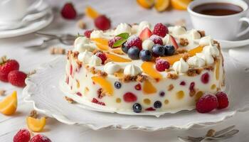 ai généré une gâteau avec fruit et crème sur une blanc assiette photo