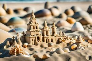 ai généré une le sable Château est fabriqué en dehors de coquilles et le sable photo