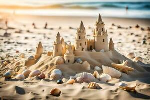 ai généré le sable Château sur le plage photo