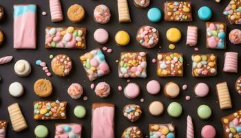 ai généré une grand assortiment de coloré bonbons bars sur une noir Contexte photo