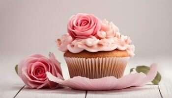 ai généré petit gâteau avec rose des roses sur en bois Contexte photo