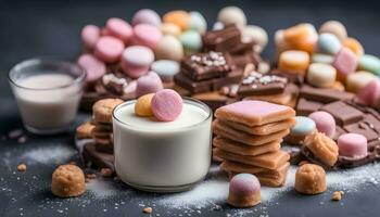 ai généré Lait et bonbons sur une foncé Contexte photo