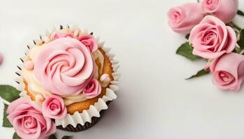 ai généré une petit gâteau avec rose des roses sur Haut photo