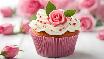 ai généré une petit gâteau avec Glaçage et rose des roses photo