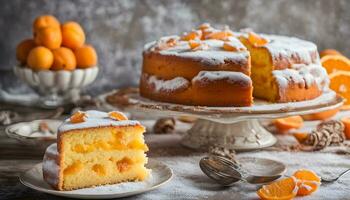 ai généré une gâteau avec Orange tranches sur une assiette photo