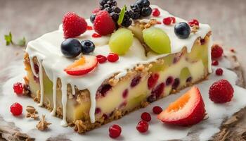 ai généré une pièce de gâteau avec fruit sur Haut photo