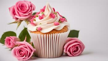 ai généré petit gâteau avec rose des roses sur blanc Contexte photo