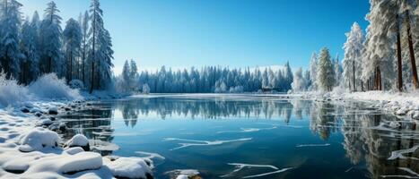 ai généré ensoleillé, hivernal journée à une congelé Lac dans une isolé parc, avec le région sauvage réfléchi sur le glacé surface. photo