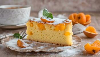 ai généré une pièce de gâteau avec abricots sur une assiette photo