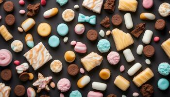 ai généré divers des sucreries et bonbons sur une noir Contexte photo