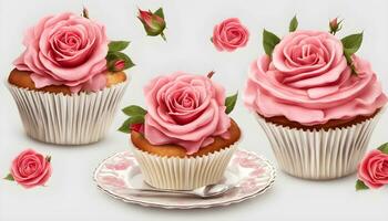 ai généré Trois petits gâteaux avec rose des roses sur leur photo
