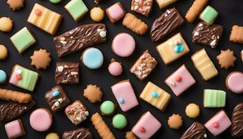 ai généré assorti biscuits et des sucreries sur une noir Contexte photo
