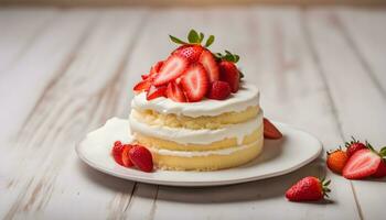 ai généré une gâteau avec des fraises sur Haut sur une blanc assiette photo