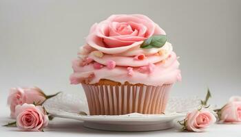 ai généré une petit gâteau avec rose Glaçage sur Haut et rose des roses photo