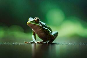 une grenouille est séance sur le sol dans de face de une vert Contexte. généré par ai photo