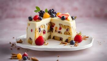 ai généré une tranche de gâteau avec fruit et des noisettes sur il photo