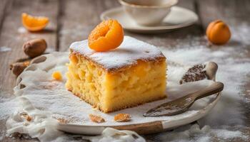 ai généré une pièce de gâteau avec Orange tranches sur Haut photo