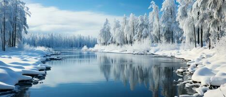 ai généré ensoleillé, hivernal journée à une congelé Lac dans une isolé parc, avec le région sauvage réfléchi sur le glacé surface. photo