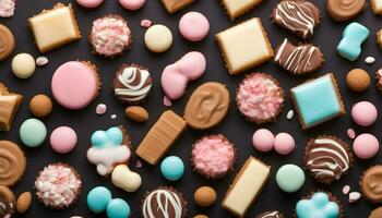 ai généré divers les types de Chocolat et biscuits sur une noir Contexte photo