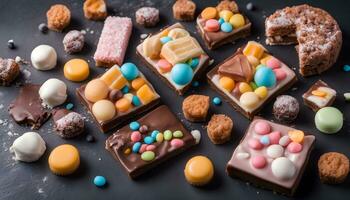 ai généré assortiment de Chocolat et bonbons bars sur une noir Contexte photo