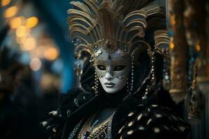 ai généré élégant la personne dans fleuri masque et costume à Venise carnaval photo