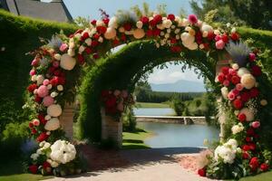 ai généré une mariage cambre décoré avec fleurs et verdure photo