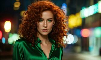 ai généré magnifique Jeune femme avec rouge frisé cheveux dans une vert robe dans le ville à nuit. ai génératif photo