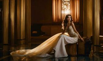 ai généré une magnifique brunette femme dans une luxe robe. ai génératif photo