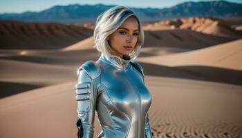 ai généré blond femme dans argent latex costume posant dans le désert. ai génératif photo