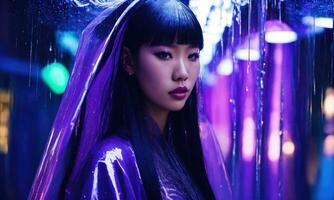 ai généré magnifique asiatique femme dans violet imperméable en marchant dans le ville. ai génératif photo