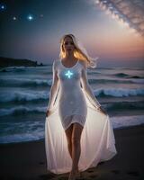 ai généré magnifique blond femme dans blanc robe sur le plage à nuit. ai génératif photo