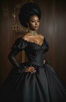 ai généré magnifique africain américain femme portant noir robe et bijoux. ai génératif. ai génératif photo