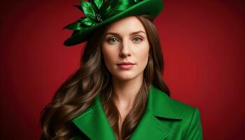 ai généré portrait de une magnifique Jeune femme dans vert manteau et rouge chapeau. ai génératif. ai génératif photo