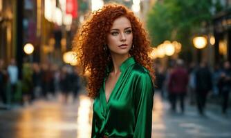 ai généré magnifique Jeune femme avec rouge frisé cheveux dans une vert robe dans le ville à nuit. ai génératif photo