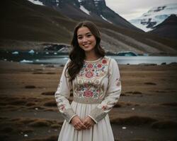 ai généré portrait de une Jeune femme souriant à caméra dans de face de icebergs. ai génératif photo
