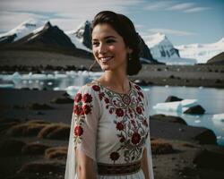 ai généré portrait de une Jeune femme souriant à caméra dans de face de icebergs. ai génératif photo