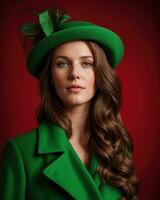 ai généré portrait de une magnifique Jeune femme dans vert manteau et rouge chapeau. ai génératif. ai génératif photo