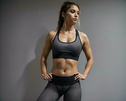 ai généré portrait de une en forme Jeune femme posant à le crossfit salle de sport. ai génératif photo