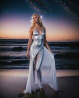 ai généré magnifique blond femme dans blanc robe sur le plage à nuit. ai génératif photo