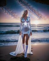 ai généré magnifique blond femme dans blanc robe sur le plage à nuit. ai génératif photo