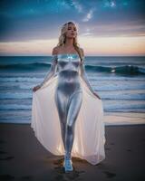 ai généré magnifique blond femme dans blanc robe sur le plage à nuit. ai génératif photo