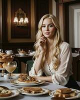 ai généré magnifique blond fille séance à le table avec une lot de aliments. ai génératif photo