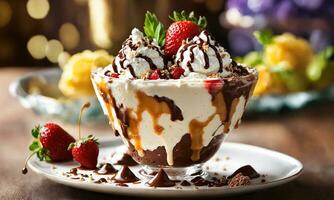 ai généré Chocolat gâteau avec la glace crème et Frais des fraises sur une en bois tableau. ai génératif photo