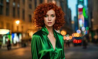 ai généré magnifique Jeune femme avec rouge frisé cheveux dans une vert robe dans le ville à nuit. ai génératif photo