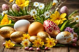 ai généré Pâques des œufs et fleurs sur une en bois table photo