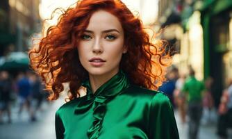 ai généré magnifique Jeune femme avec rouge frisé cheveux dans une vert robe dans le ville à nuit. ai génératif photo