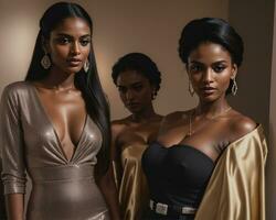 ai généré magnifique africain américain femmes dans soir Robes posant dans studio. ai génératif photo