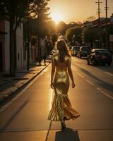 ai généré magnifique Jeune femme dans une longue Jaune robe en marchant sur le rue à le coucher du soleil. ai génératif photo