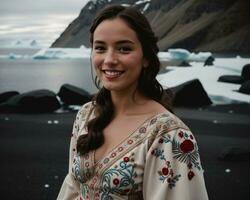 ai généré portrait de une Jeune femme souriant à caméra dans de face de icebergs. ai génératif photo