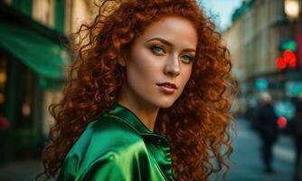 ai généré magnifique Jeune femme avec rouge frisé cheveux dans une vert robe dans le ville à nuit. ai génératif photo